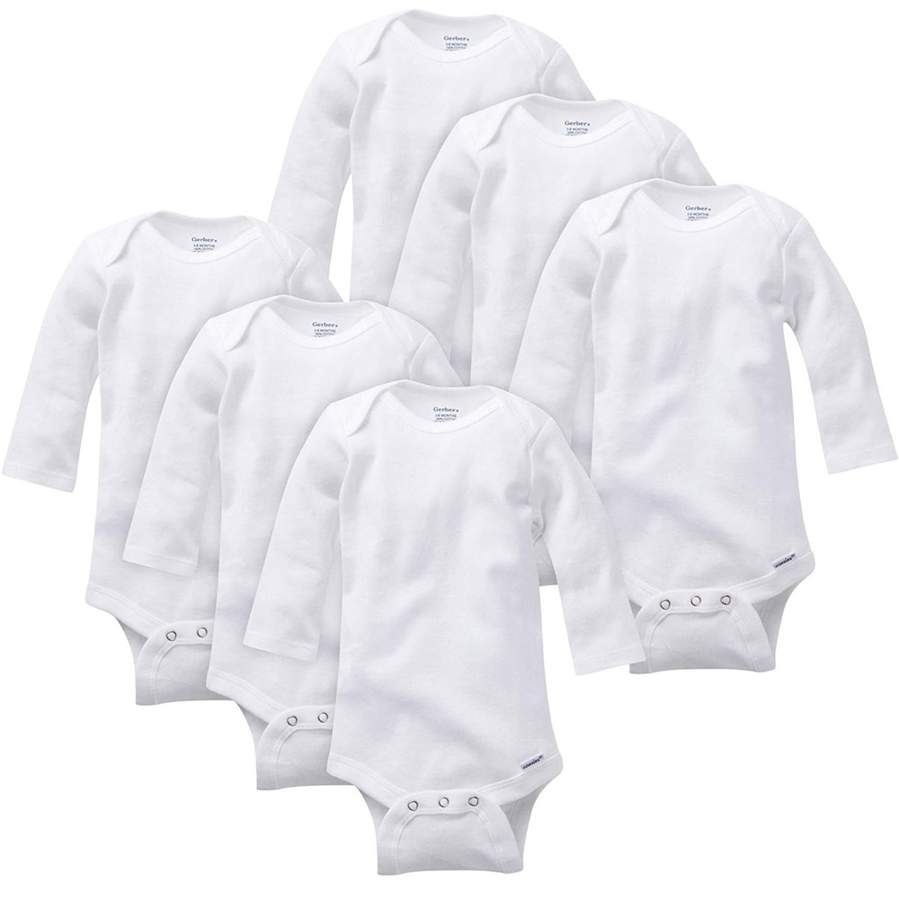 6 pack Gerber White Long Sleeve Bodysuit